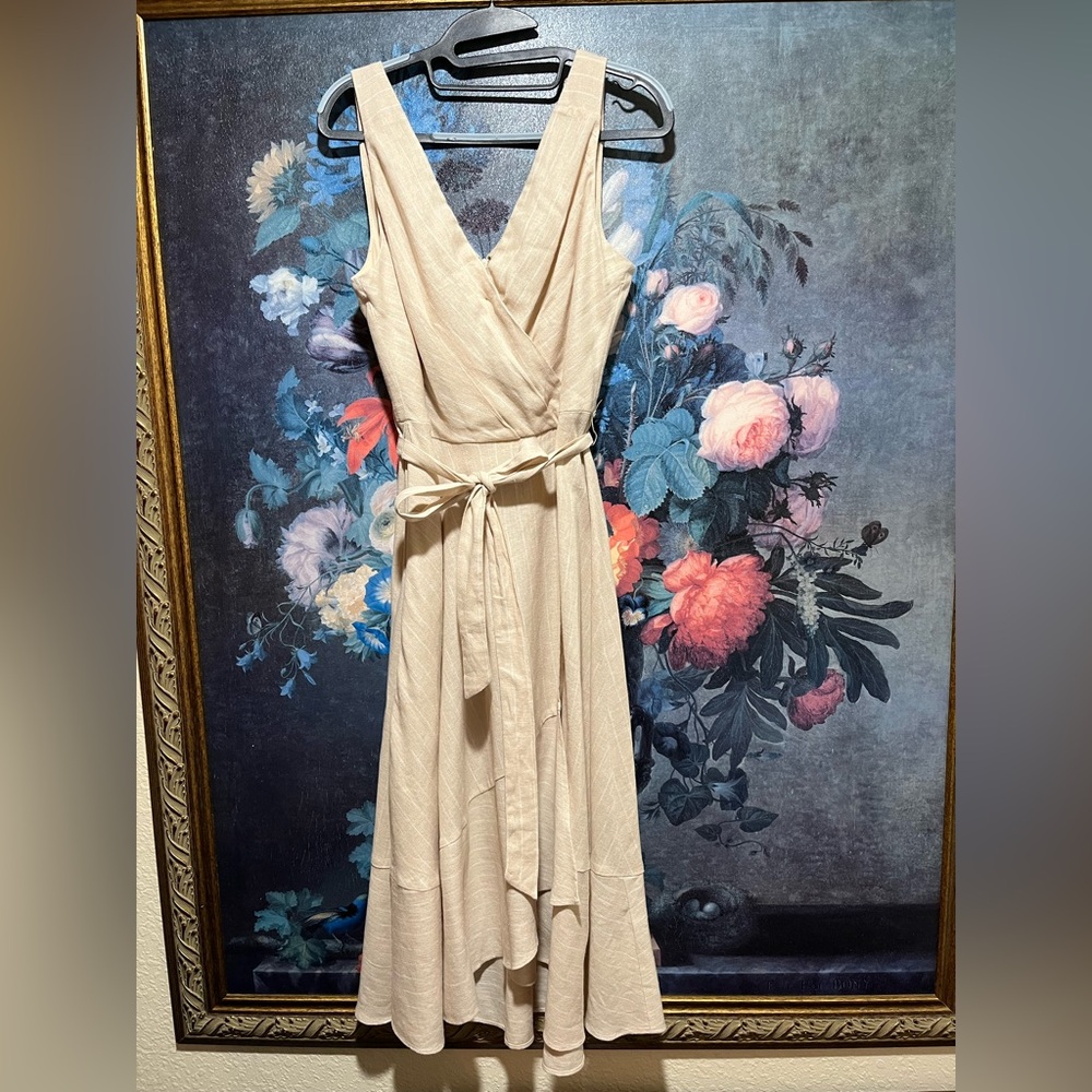 DKNY Linen Cream Midi Dress with Belt